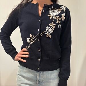 Floral Embroidered Navy Sweater
